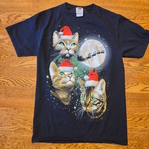 Christmas Shirt Cats Santa Hats Moon Retro Graphic Tee Size S 80s 90s Y2K